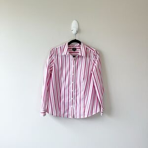 Talbots Striped Poplin Button Down Shirt No Iron Pink White Preppy 12 Petite